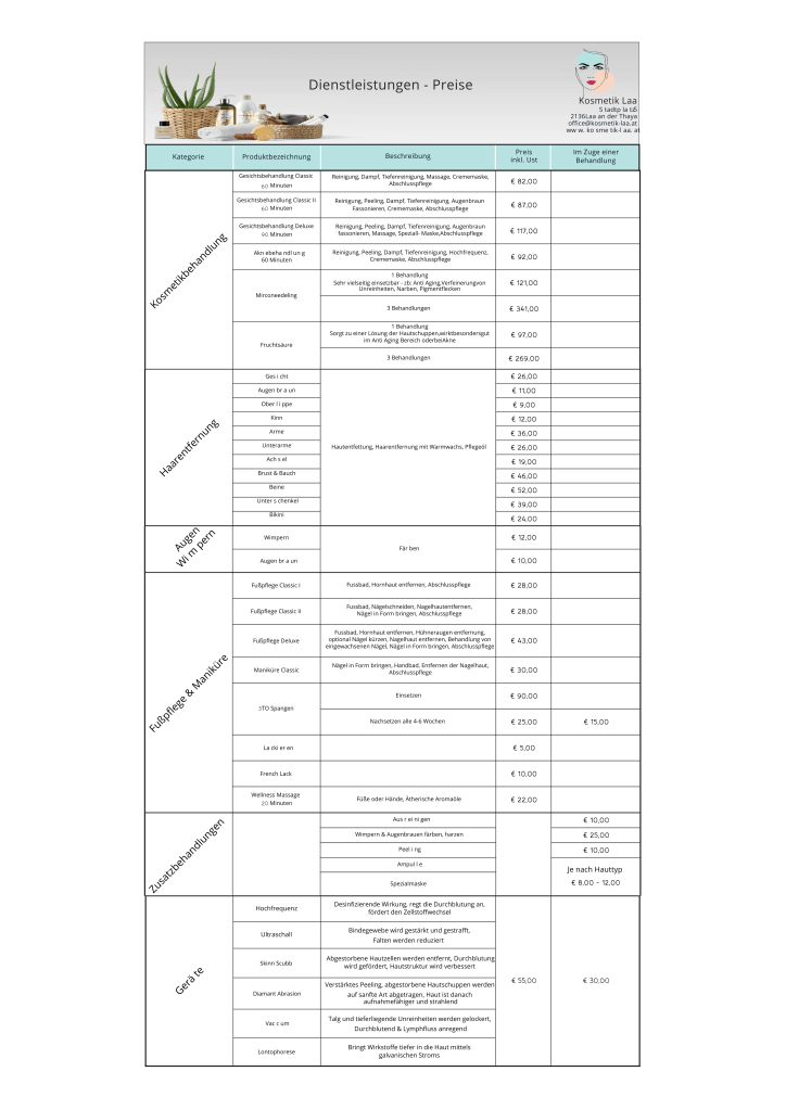 Preisliste Kosmetik 2026